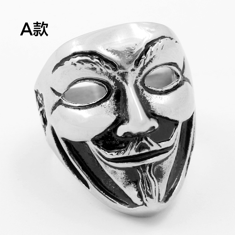 欧美时尚霸气男士V字仇杀队钛钢戒指 个性复古小丑面具戒指QJ551