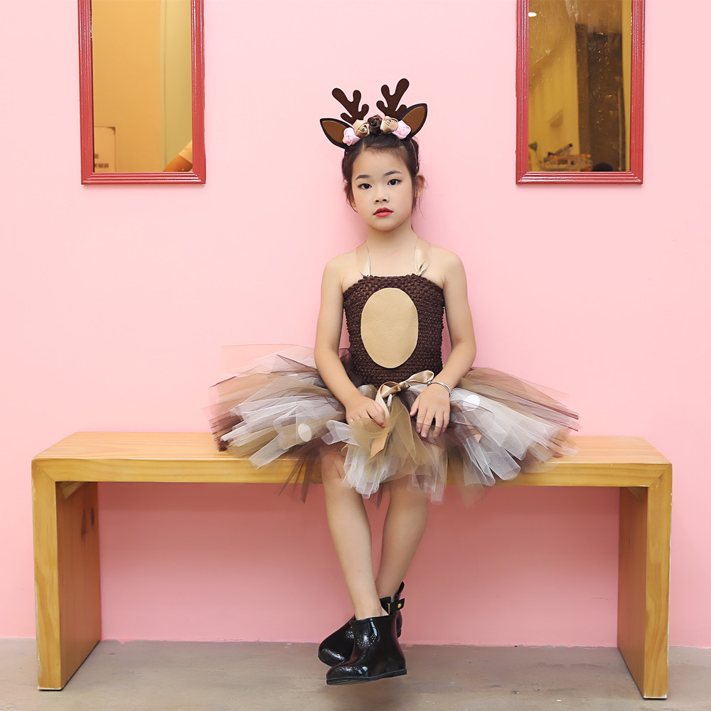 六一儿童cosplay连衣裙圣诞小鹿卡通麋鹿鹿角发箍网纱蓬蓬TUTU裙