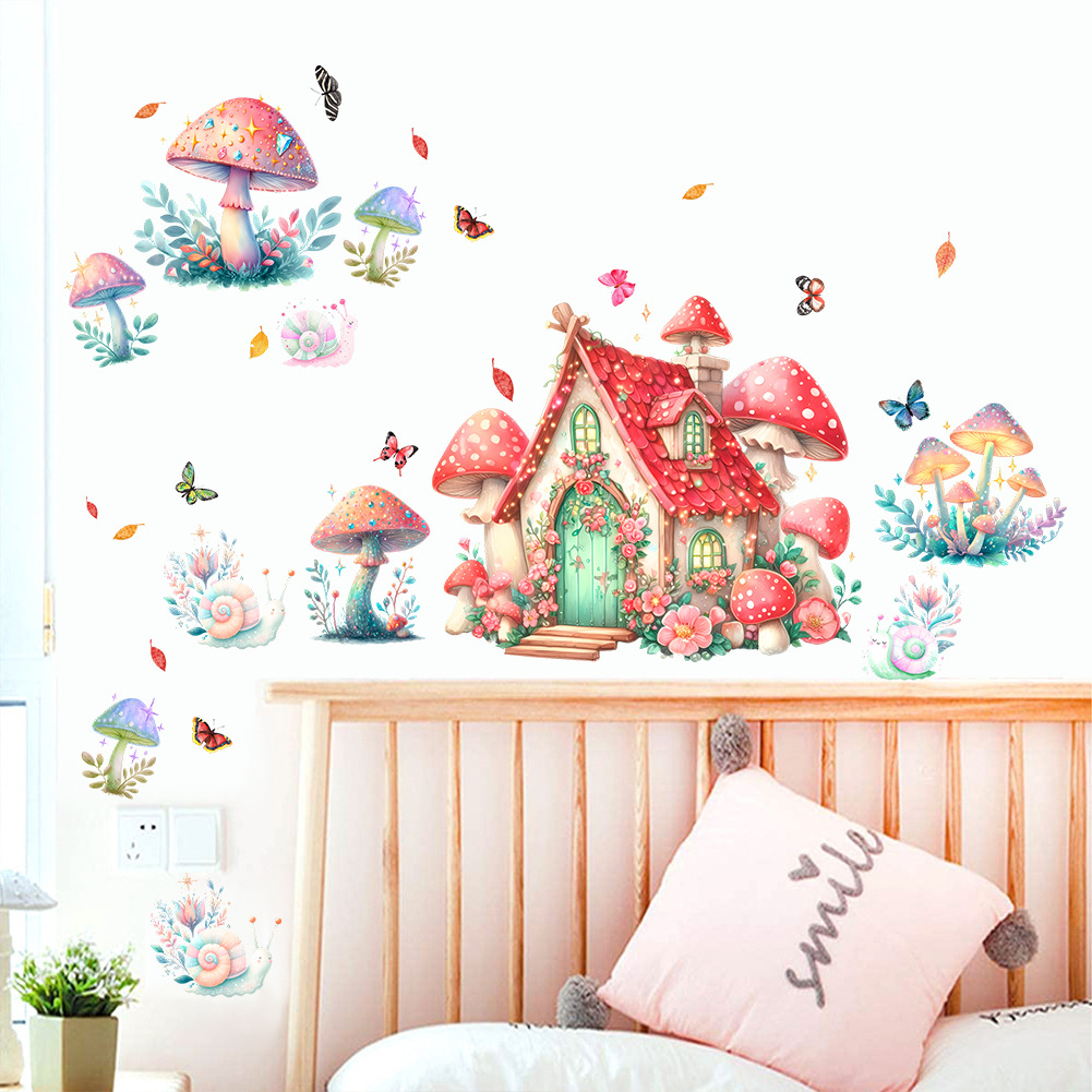 卡通可爱蘑菇小房子墙贴儿童房幼儿园装饰墙纸自粘粉色少女心贴画
