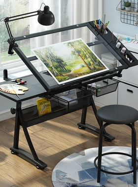 玻璃可升降绘画桌绘图书画画图画画美术电脑设计师书桌工作台桌子