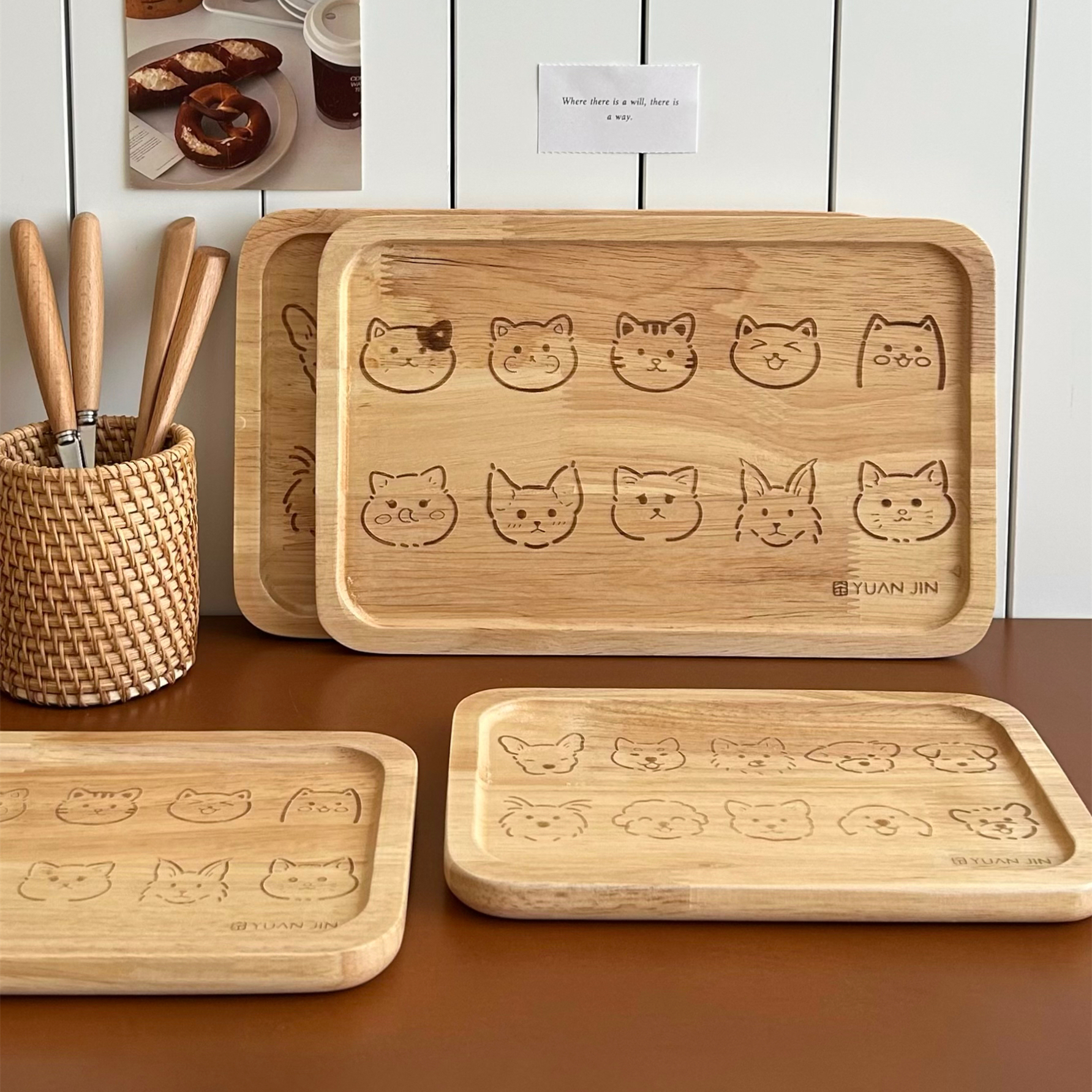猫狗双全~新年招待客人创意可爱木质托盘一人食餐盘家用隔热茶盘