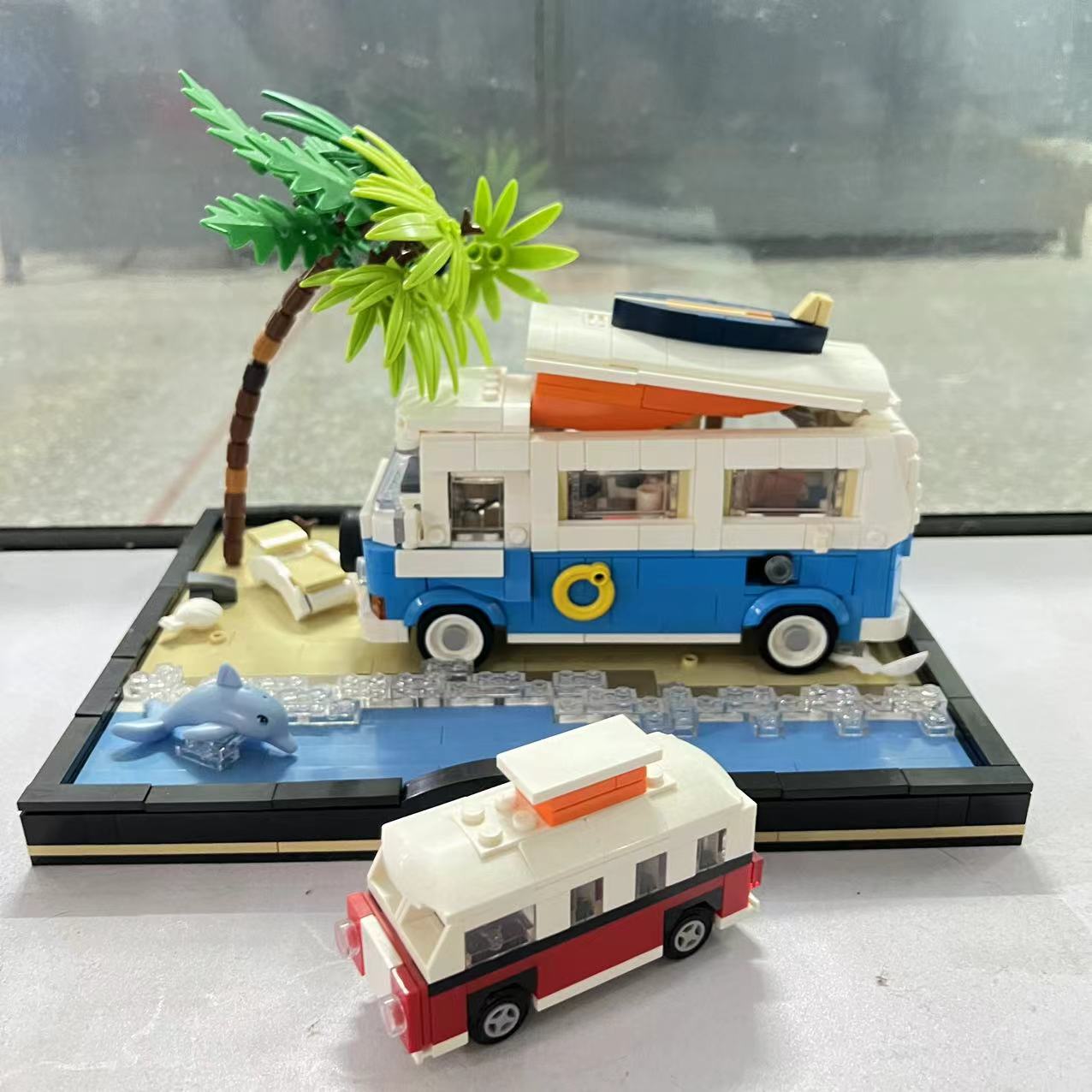 大众T2野营车MOC积木露营车迷你T1房车巴士小型拼装玩具摆件模型
