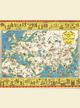 中世纪东西方地图海报 5-15c欧洲亚洲文化历史插画书房复古墙画