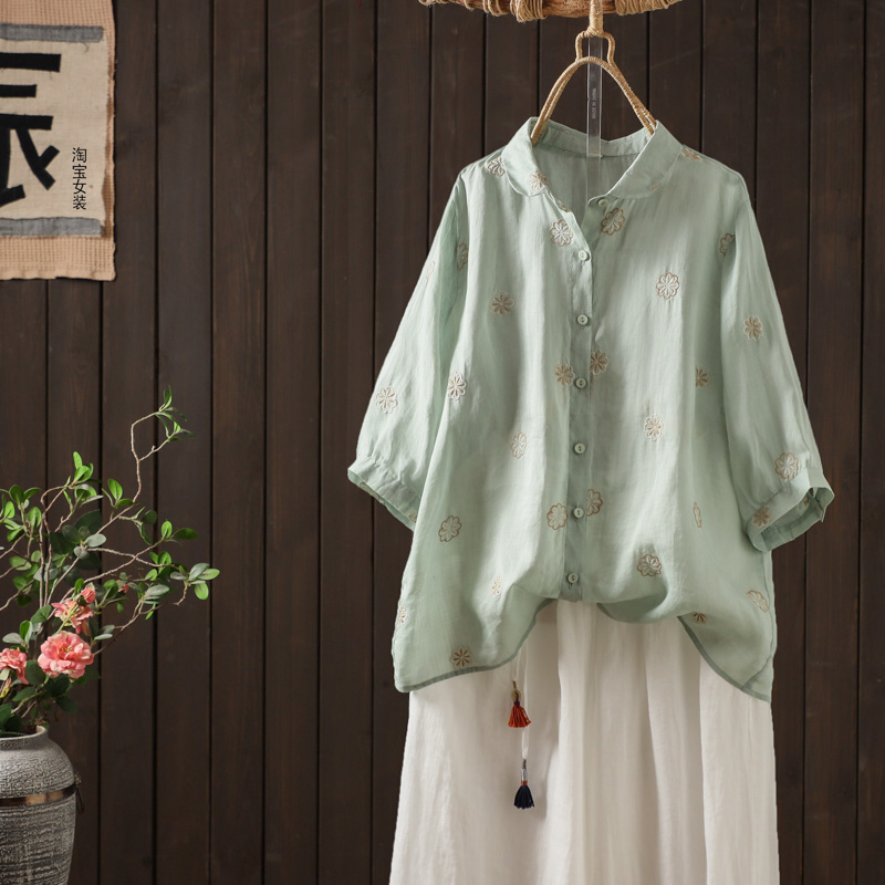 文艺复古刺绣苎麻短袖上衣女士夏季休闲漂亮宽松V领气质百搭衬衫