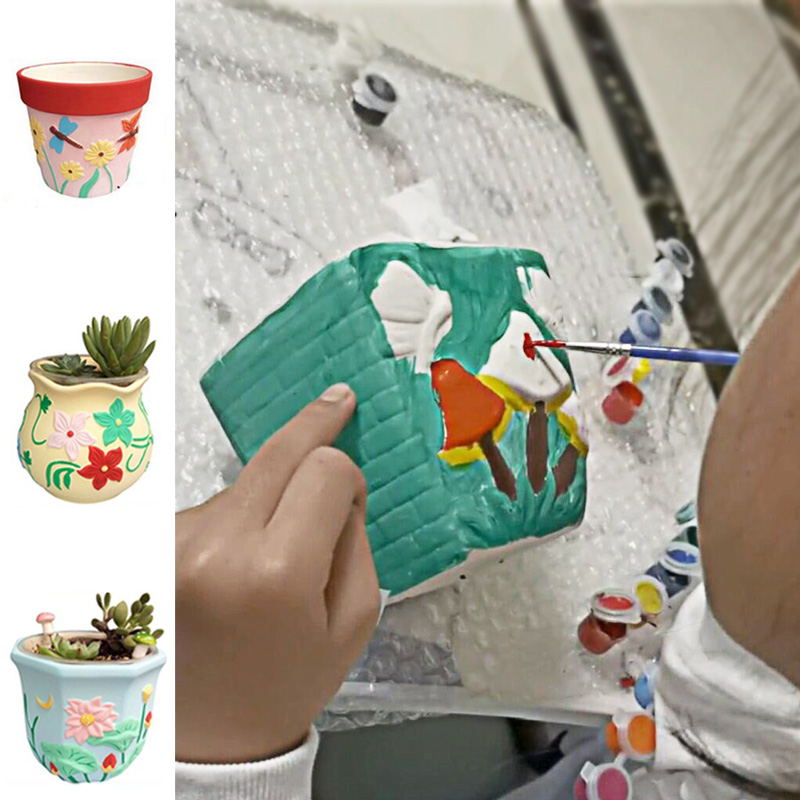 儿童陶瓷素烧多肉种植物花盆盆栽手绘DIY手工白胚填色石膏画涂色