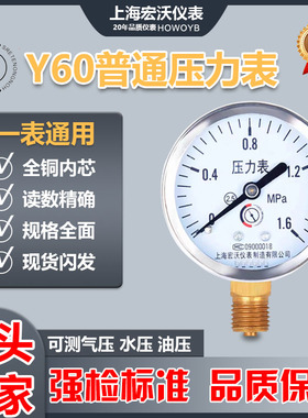 上海上仪宏沃仪表Y60普通压力表-测量气压水压液压油压螺纹14*1.5
