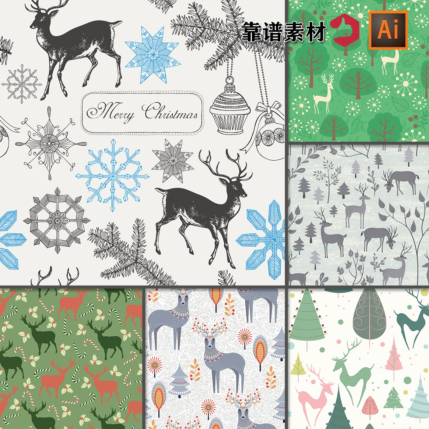 圣诞节麋鹿冬季树林森林墙纸无缝拼接卡通印花图案AI矢量设计素材