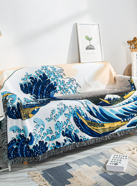 日式沙发套浮世绘沙发巾海浪花纹双人沙发罩扶手巾盖布简约中国风