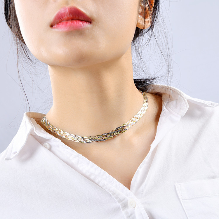 奢华闪亮925三色彩银项链欧美女意大利银六线编织时尚锁骨颈链