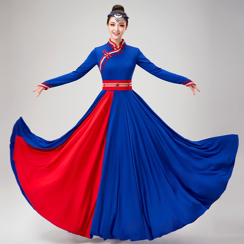 蒙古舞蹈演出服装2024新款大摆裙成人蒙古衣服族女白马蒙族练习裙
