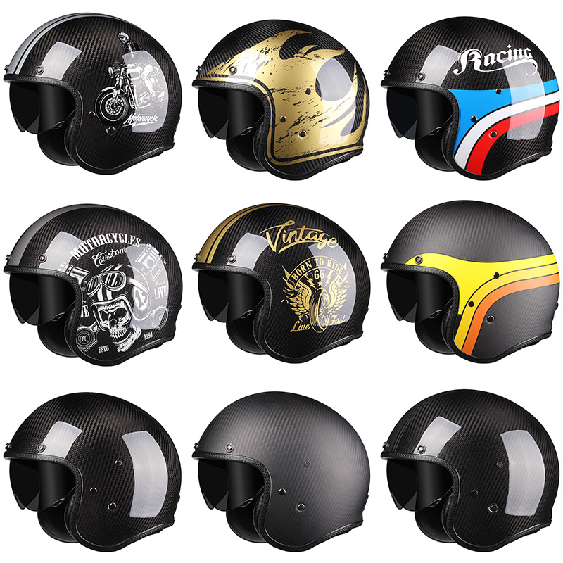 瑕疵3C碳纤维复古电动摩托车头盔男女巡航哈雷半盔四季机车安全帽
