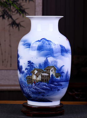 景德镇陶瓷花瓶大师青花瓷手绘山水画摆件中式客厅居家桌面装饰品