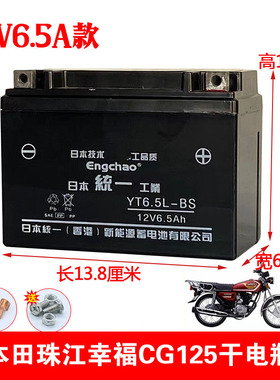 适用本田CG125珠江幸福125男士摩托车免维护蓄电池12V6.5A干电瓶