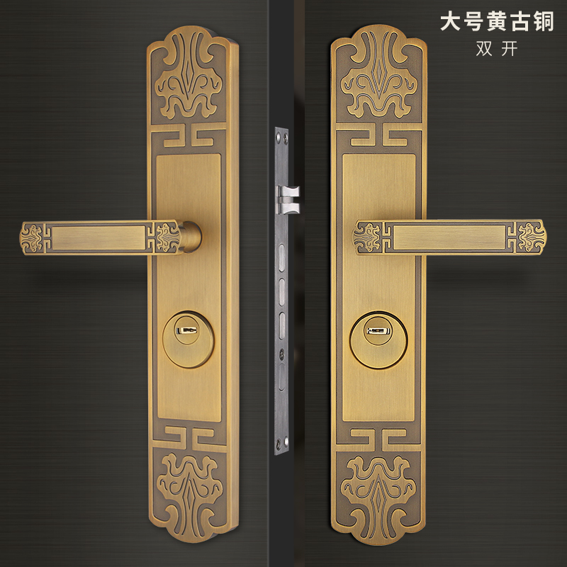 新中式入户双开别墅防盗天地锁大门换锁欧式黄古铜门把手上提反锁