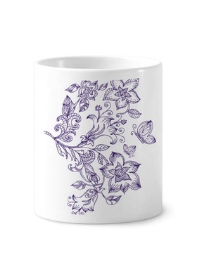 浅紫色花纹蝴蝶植物纹样陶瓷刷牙杯子笔筒白色马克杯礼物