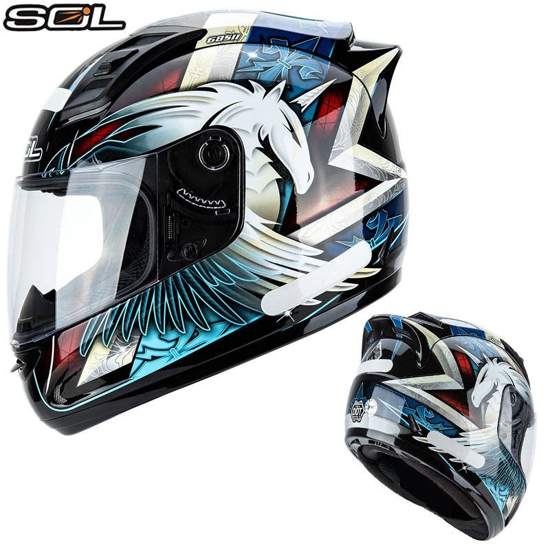 新款SOL摩托车头盔女全覆式夏季全盔男跑赛车安全机车独角兽LED灯