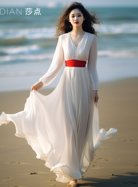 白色连衣裙2024夏季新款大摆裙长袖长裙长款到脚踝海边度假沙滩裙
