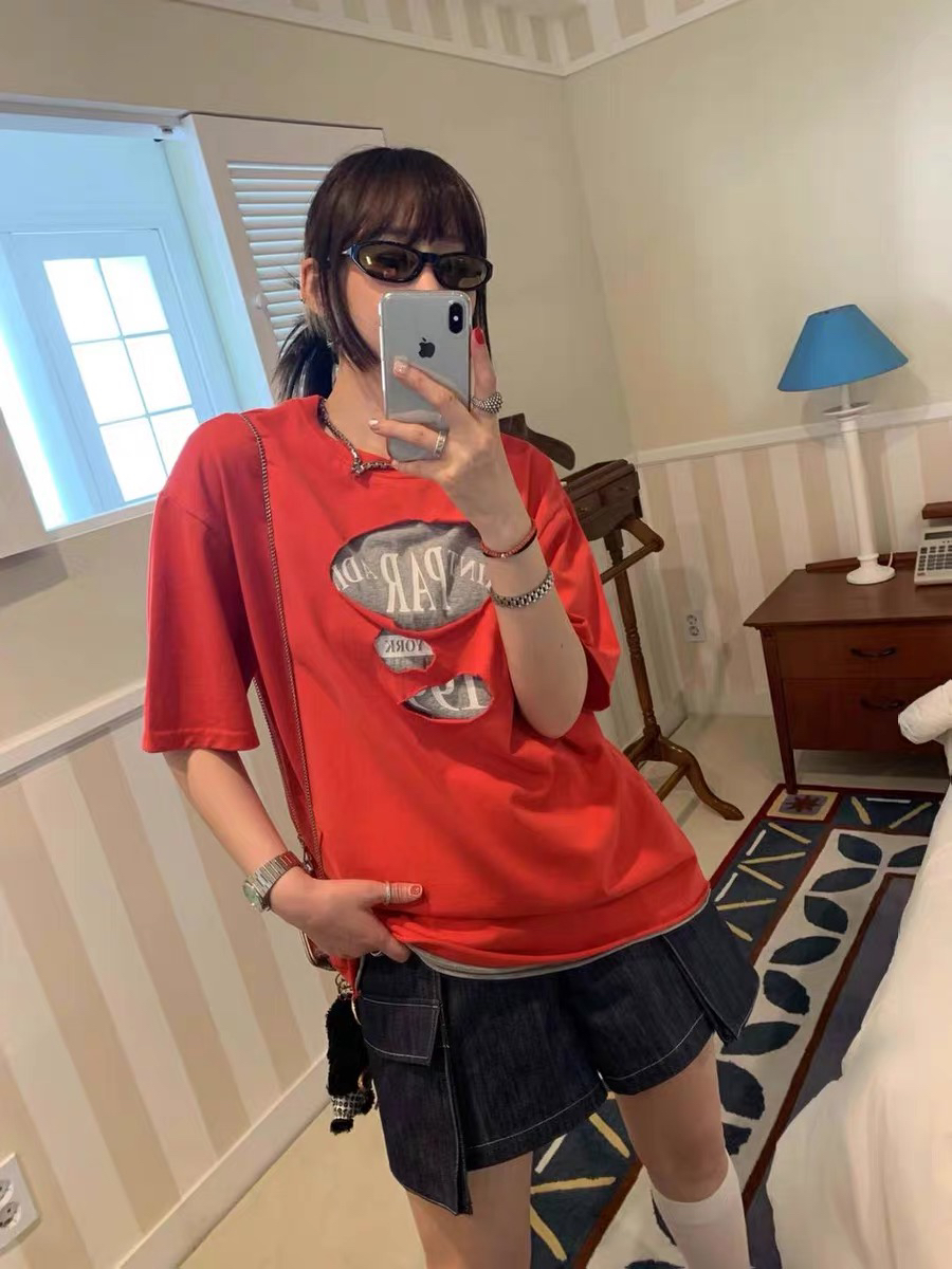 包邮5K韩国东大门代购夏新款女装假两件破洞字母时尚宽松短袖T恤