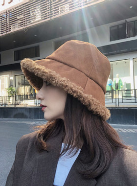 毛茸茸帽子适合短发的女士帽子带的加绒羊羔毛秋冬季保暖毛绒盆帽
