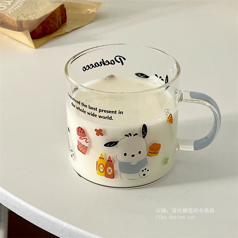 日式可爱卡通玻璃杯创意帕恰狗耐热水杯大容量带把杯子早餐牛奶杯