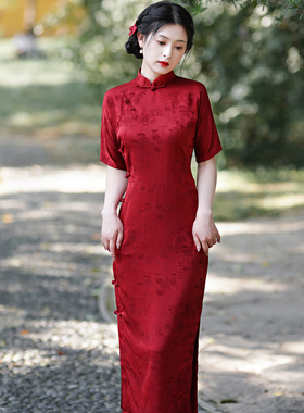 古法传统全开襟红色旗袍一片式无省民国风年轻款优雅结婚订婚礼服