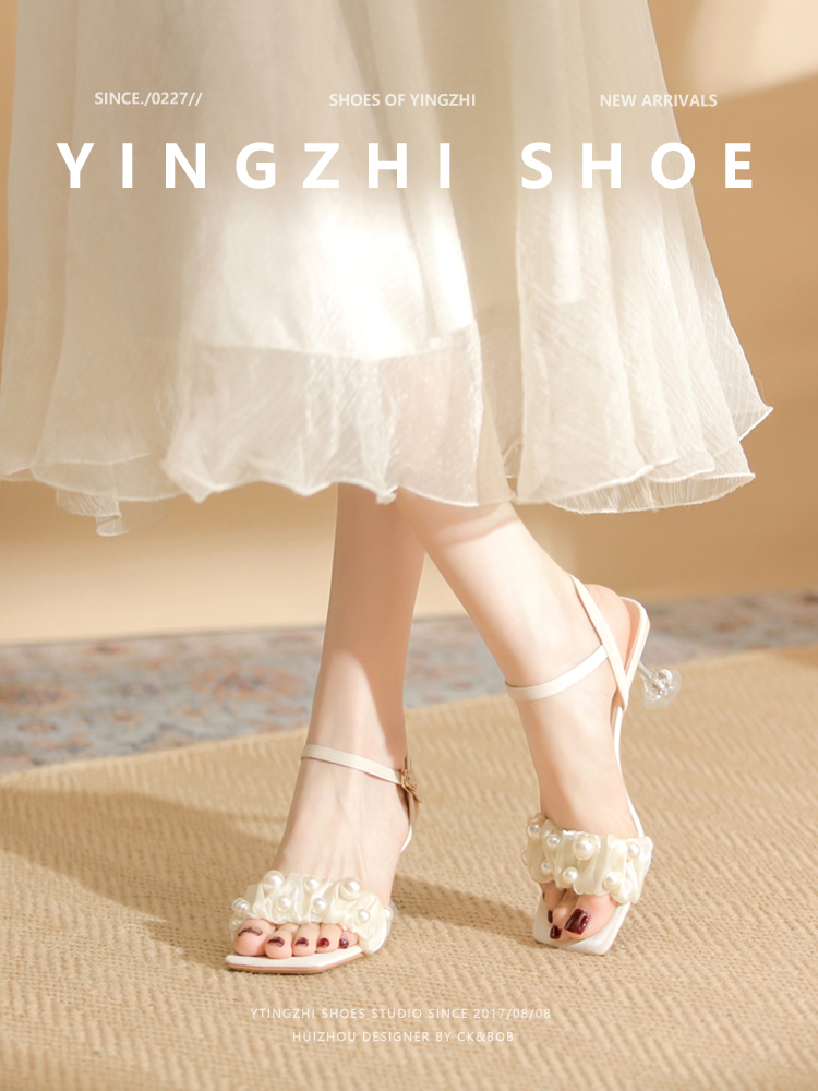 珍珠凉鞋女夏透明水晶跟2023新款方头一字扣带高跟鞋细跟温柔时尚