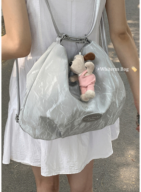 韩国小众双肩包包女式2024新款潮时尚银色托特包学生大容量背包