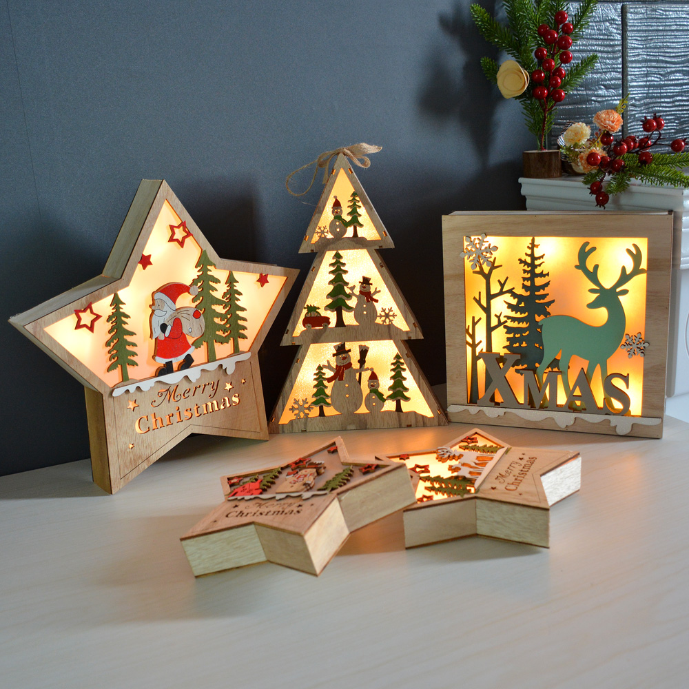 圣诞装饰桌面创意摆件节日礼物品 老人木质五角星迷你树灯led彩灯
