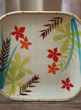 东西在场 出口欧美 陶瓷手绘竹节边中图风花卉意境方餐盘  方托盘
