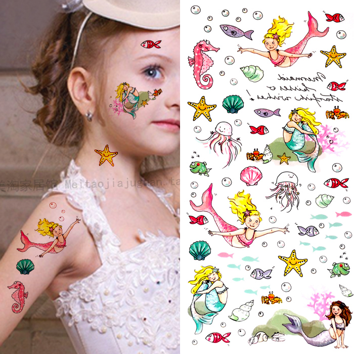 儿童纹身贴鱼图案少女海马海星贝壳海螺水母海洋动物王国卡通可爱