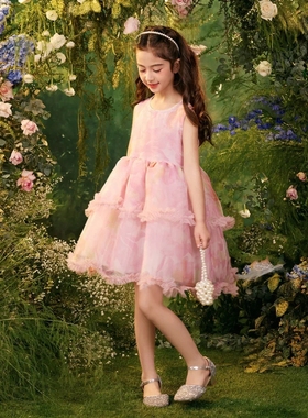 笛牧女童连衣裙2024夏季新款粉色印花公主蓬蓬背心儿童蛋糕裙子