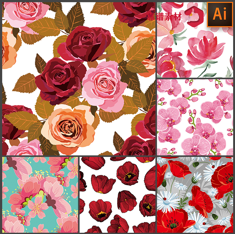 红色的玫瑰花鲜花花朵服饰地毯面料无缝印花图案AI矢量设计素材