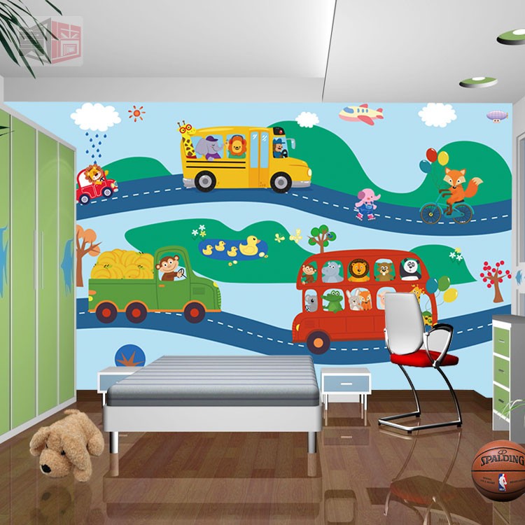 开心小动物壁纸 幼儿园卡通动物墙纸 儿童房小汽车定制壁画