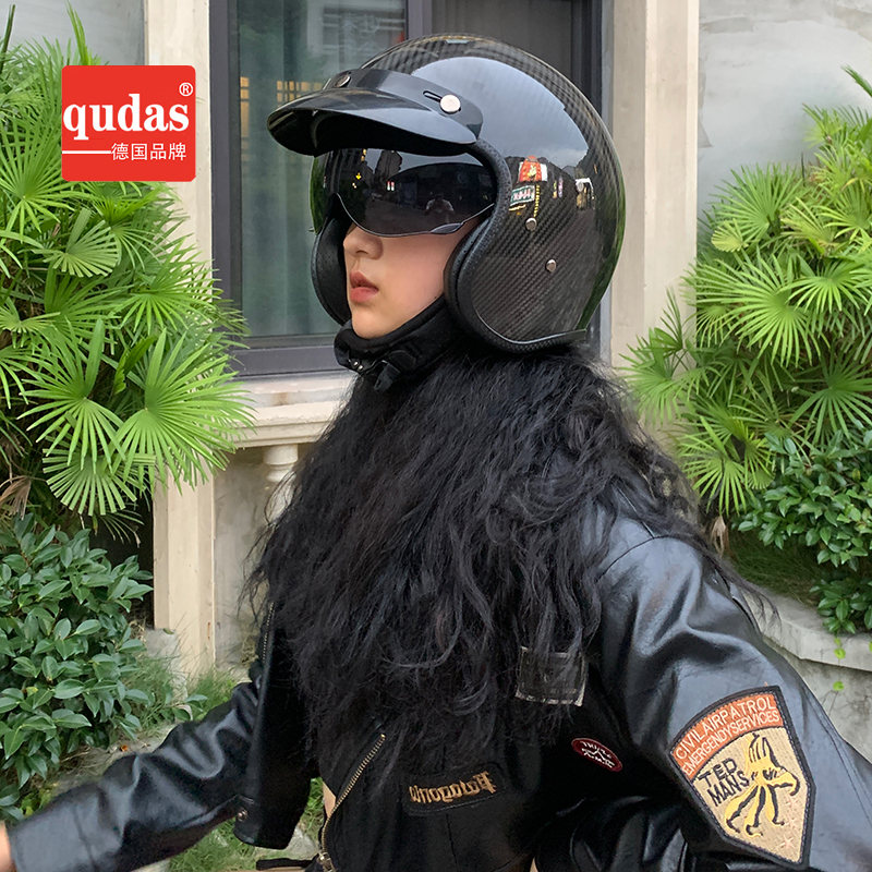 德国qudas奇达士碳纤维头盔哈雷复古半盔电动摩托车男女3C认证盔