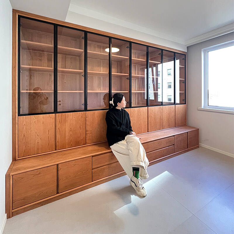卡座书柜一体小户型去客厅化收纳储物柜一整面墙原木定制