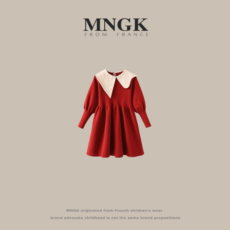 法国MNGK女童连衣裙秋冬款洋气公主裙针织中大童秋装红色毛衣裙子