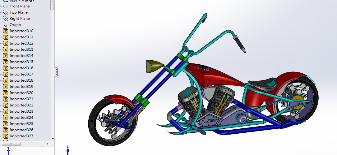 zw中望3d设计的chopper摩托车图纸 z3 IGS sw par等格式 灵魂战车