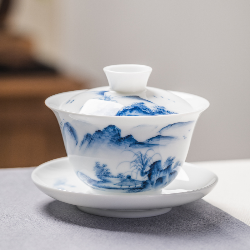 手绘大号盖碗泡茶杯单个青花瓷三才茶碗陶瓷山水功夫茶具