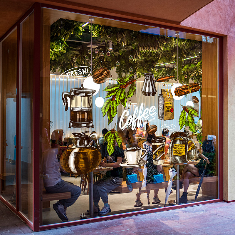 古镇咖啡馆彩色咖啡主题氛围装饰橱窗落地门窗玻璃贴纸静电贴膜