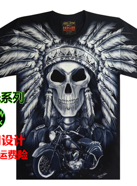 泰国进口潮牌男士短袖T恤 印第安酋长骷髅哈雷机车摩托T恤夜光潮