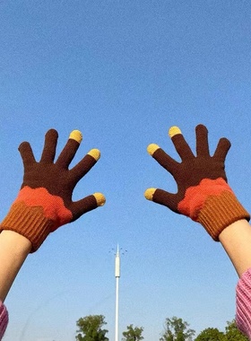 秋冬季2023年韩版加绒针织男女学生保暖毛线分指手套防风抗寒潮