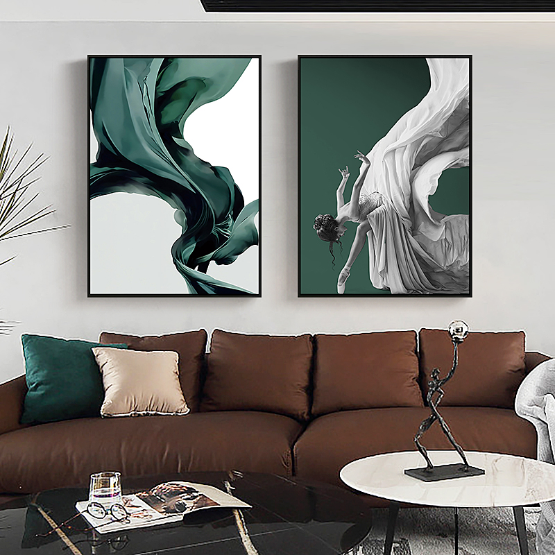 轻纱曼舞 现代简约抽象装饰画客厅沙发背景人物挂画墨绿色墙壁画
