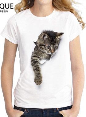 3D立体逼真萌猫咪图案莫代尔T恤女短袖可爱动物印花情侣亲子装T恤