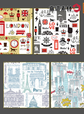 复古时尚英伦巴黎街头标志建筑墙纸循环拼接印花图案AI设计素材