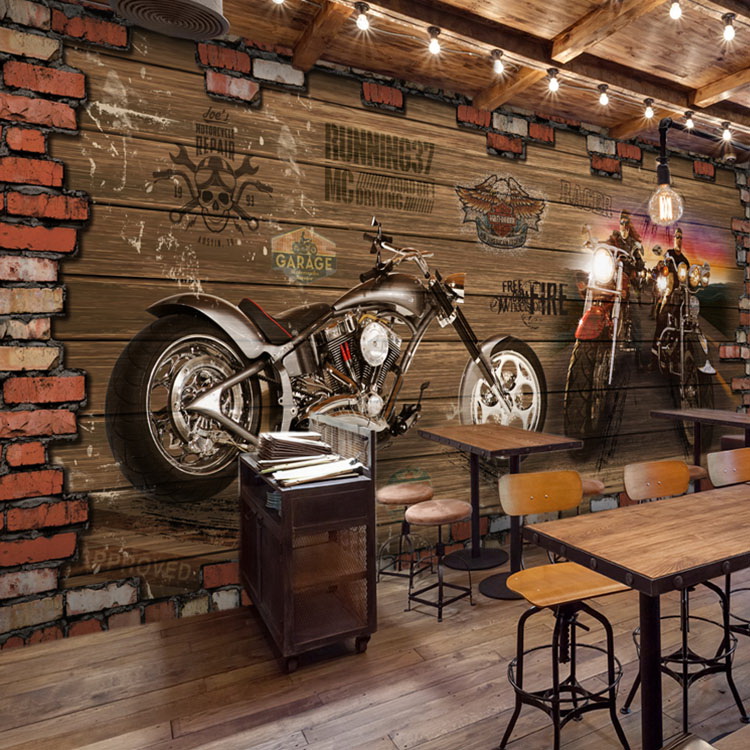 3D复古怀旧壁画个性ktv酒吧网咖墙纸5D摩托汽车涂鸦餐厅工装壁纸