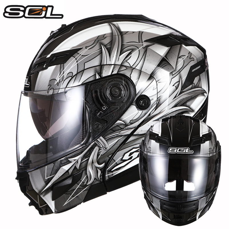 新款中国台湾SOL摩托车头盔揭面盔双镜片男女机车全盔大码带LED灯