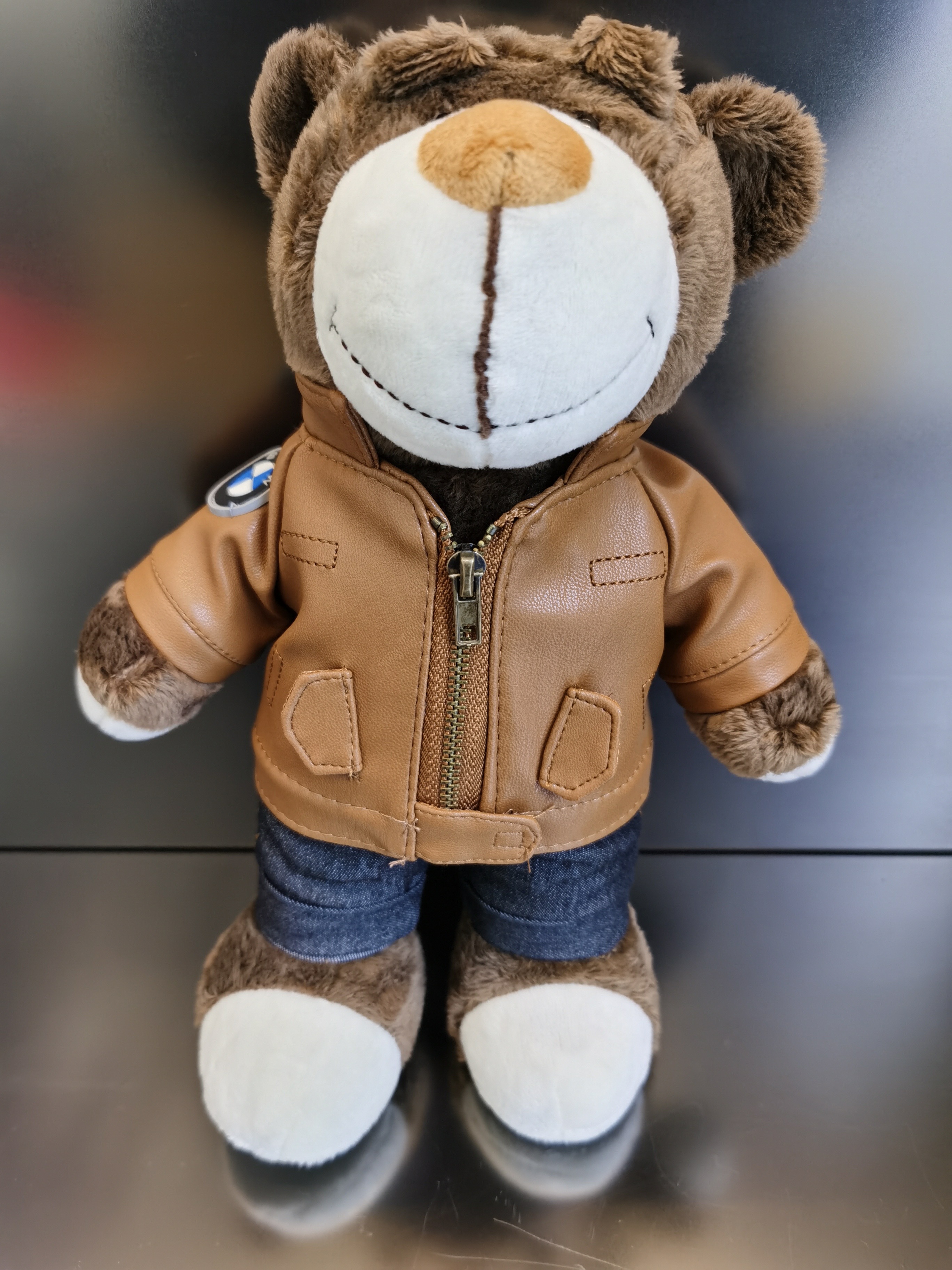 宝马BMW公仔熊玩偶棕色皮质赛车手娃娃 摩托车尾箱装饰礼品 车宠