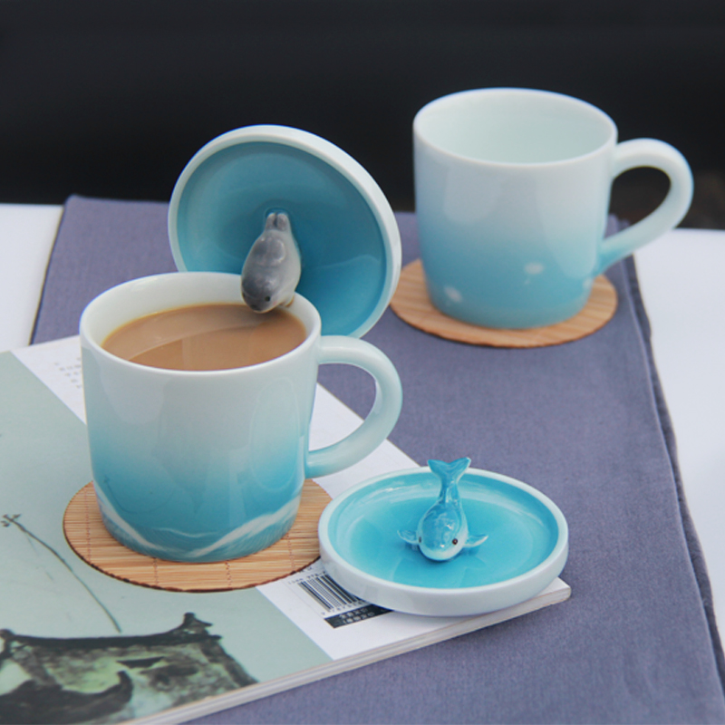 春火海洋蓝手绘杯带盖海豚情侣杯子一对大学生动物陶瓷马克杯创意