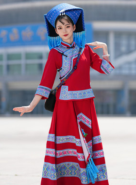 25款红蓝条壮族布依族服装女传统服饰长裙回娘家三月三民舞蹈族服