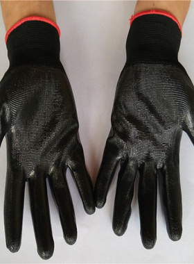 12双黑纱黑丁青浸胶劳保耐油耐用挂胶防滑耐磨工人干活作业手套